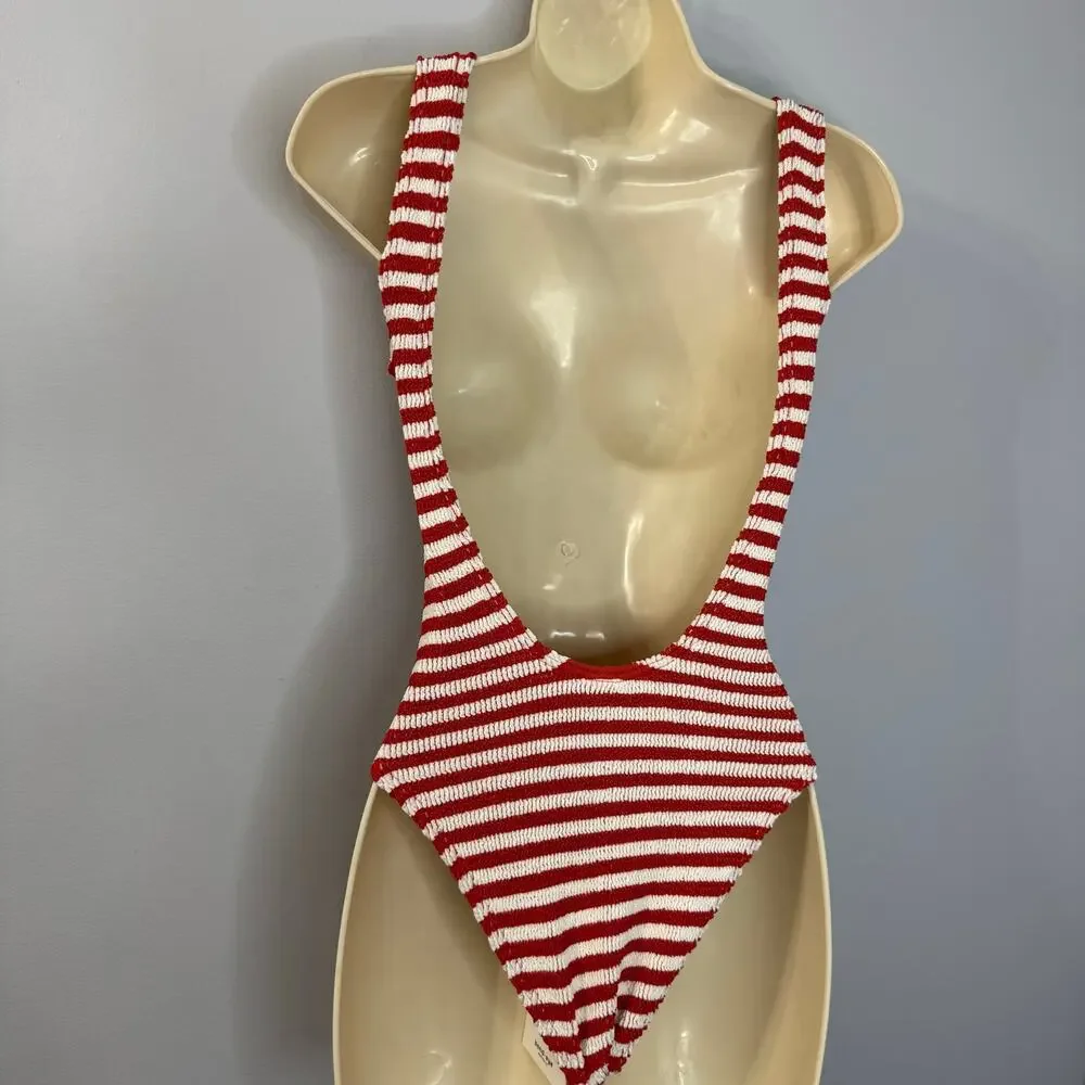 Bond Eye Mara One Piece Swimsuit Red Rooibos Striped  Stretch O/S New